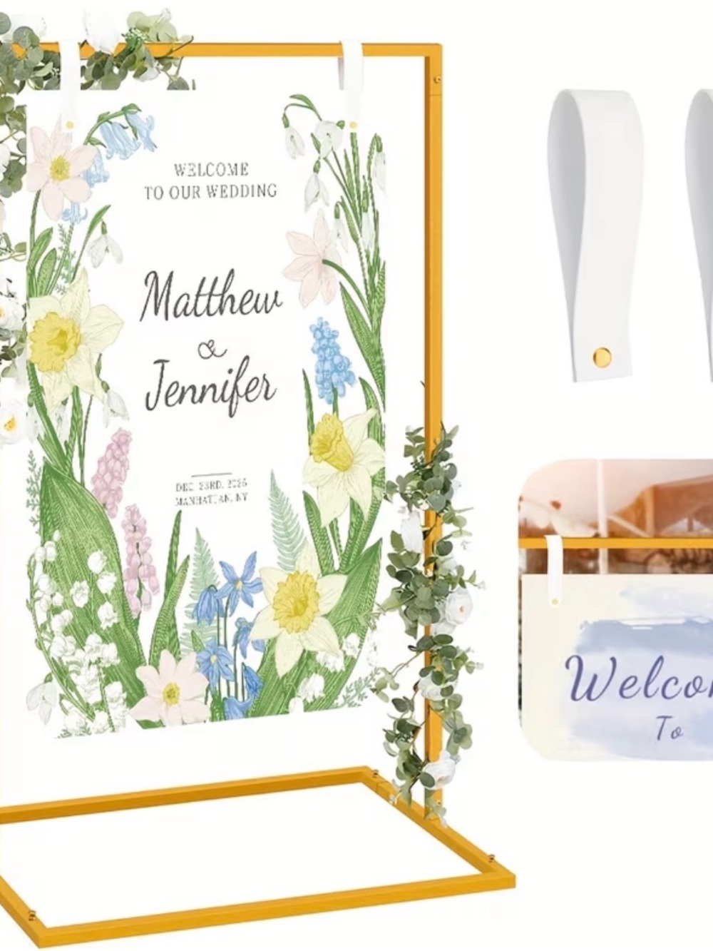 {NEW} Gold Wedding Sign Frame with White Leather Straps
